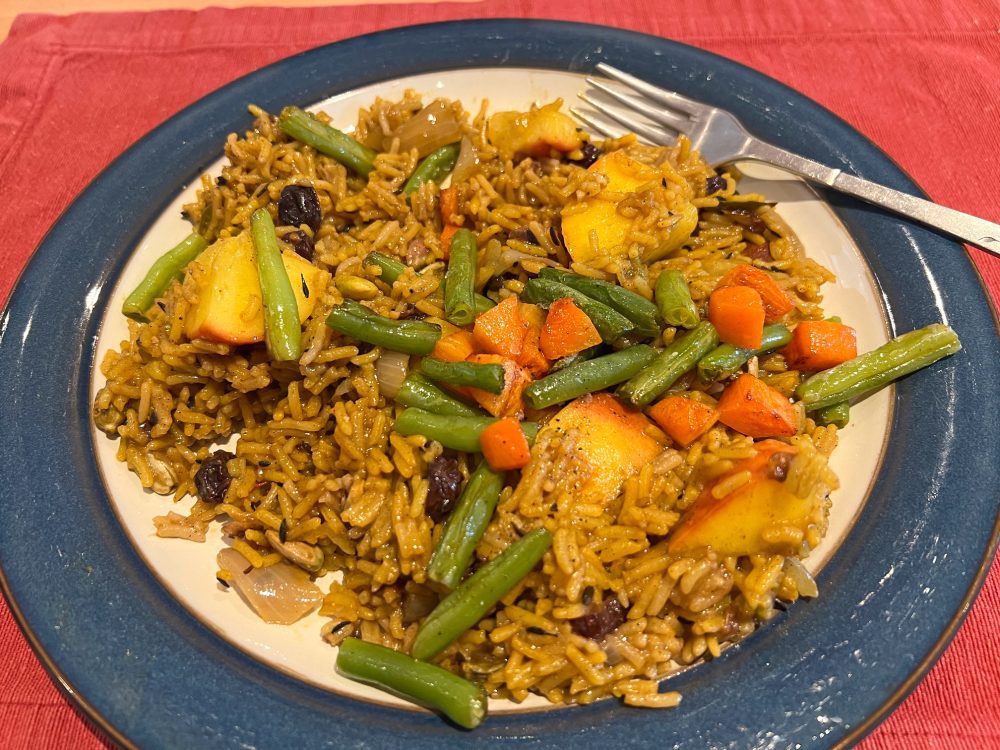 The finished Persian style vegetarian Pilaf on a plate