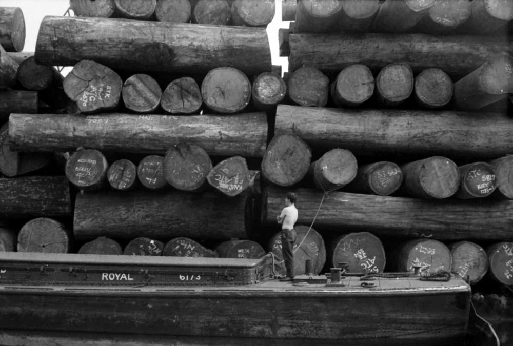 Man stands on a canal boat in front of pile of timber. Man appears small in scale in comparison to the timber.